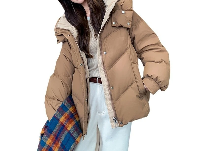 Down and Cotton Jacket Women's Winter New Short Fashionable Loose Hooded Color Blocked Thick Coat