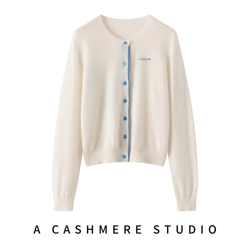 Autumn Winter 100% Cashmere Cardigan Women's Round Neck Knitted Hand Embroidered Letter Sweater Base Shirt Color Block Coat