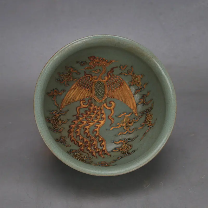 Song Dynasty Style Ru Kiln Celadon Incense Burner Phoenix Gold Pattern Home Decor Collectible