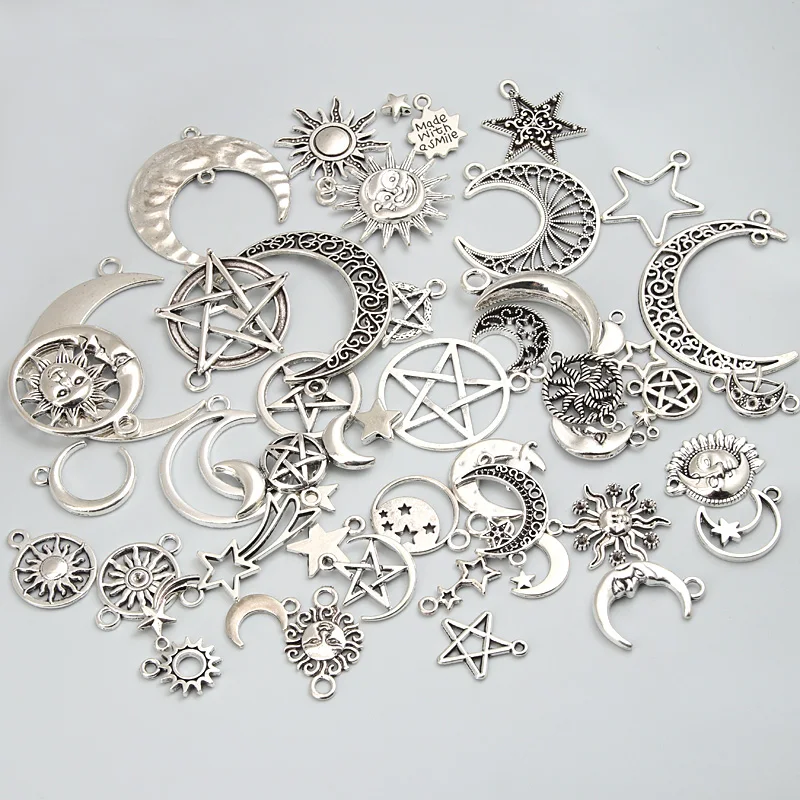 30pcs Random Mix Sliver Color Sun Moon Pentagram Charms Sky Star Pendants Jewelry Making DIY Handmade Craft Findings Accessories