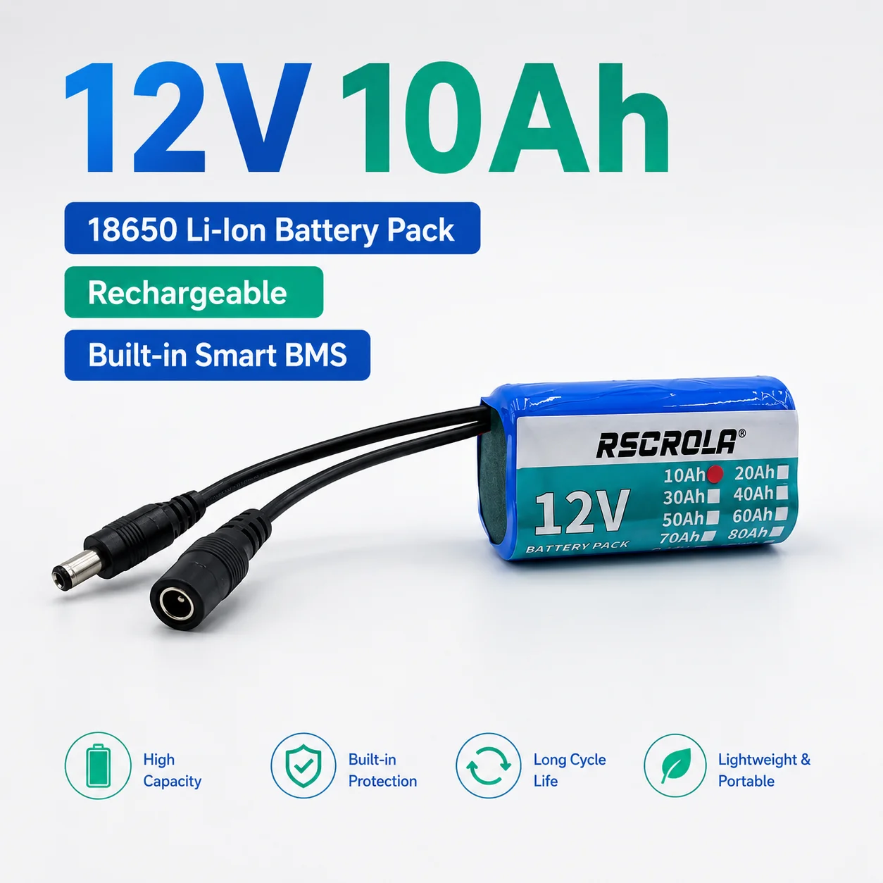 12V 10Ah Wiederaufladbarer Li-Ion Akku mit 18650 Zellen und integriertem Smart BMS für CCTV, LED, Solar, DIY, Power, Fischfinder, Kamera, Roboter
