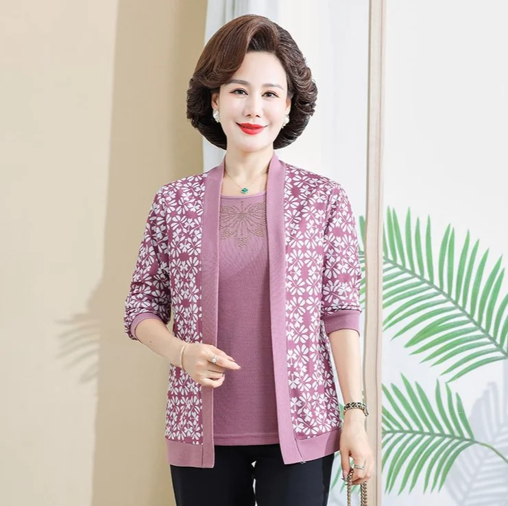 2pcs/set Embroidery Floral T-shirts Women Spring Fall Fashion Middle Age Mother Tee Shirts Femme Suit Tops