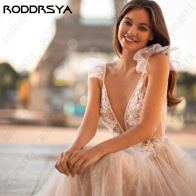 RODDRSYA Romantic Princess Wedding Dress For Women Spaghetti Straps Sleeveless Bride Party Deep V-Neck Backless Bridal Gowns