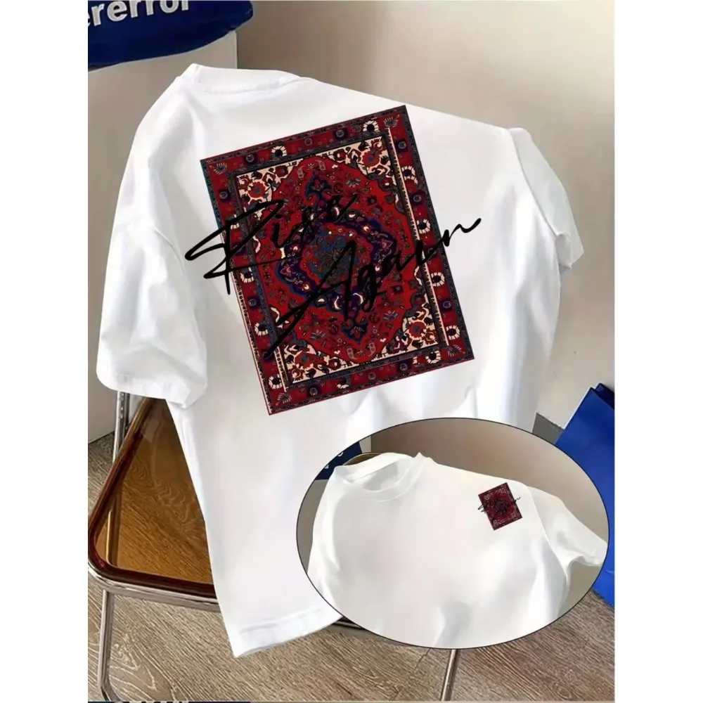 Men Women Persian Style Print T-Shirt Double-Sided Vibrant Design Summer Beach Travel Essential Crew Neck Casual Streetwear Top
