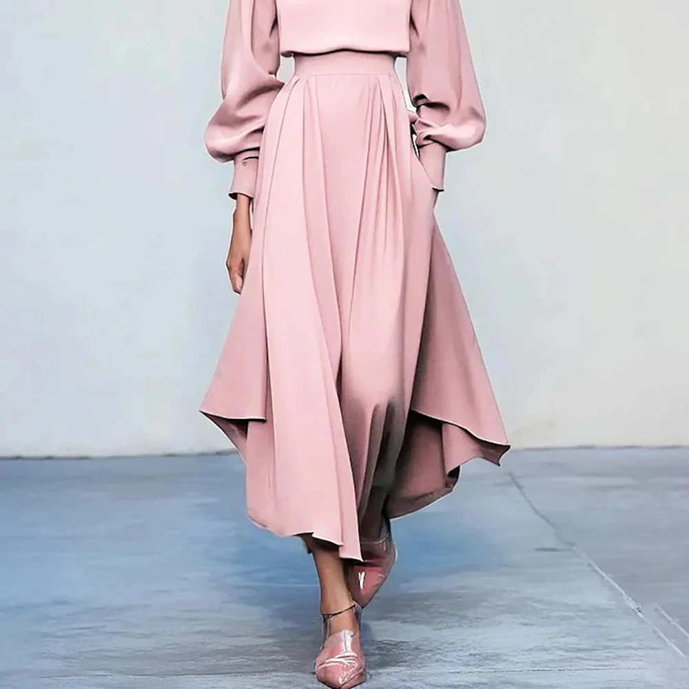 여성용 핑크 새틴 드레스 롱 랜턴 슬리브 하이 웨이스트 언밸런스 밑단 미디 드레스 정장 파티 이브닝웨어 우아하고 시크한 베스티도스