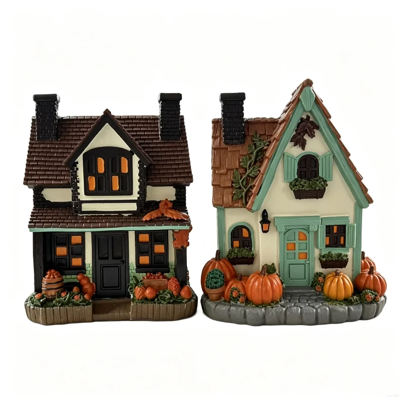 Resin Halloween Village Autumn Harvest House Figurine Fall Season Pumpkin Cottage Tabletop Ornament Mini Farmhouse Statue Decor