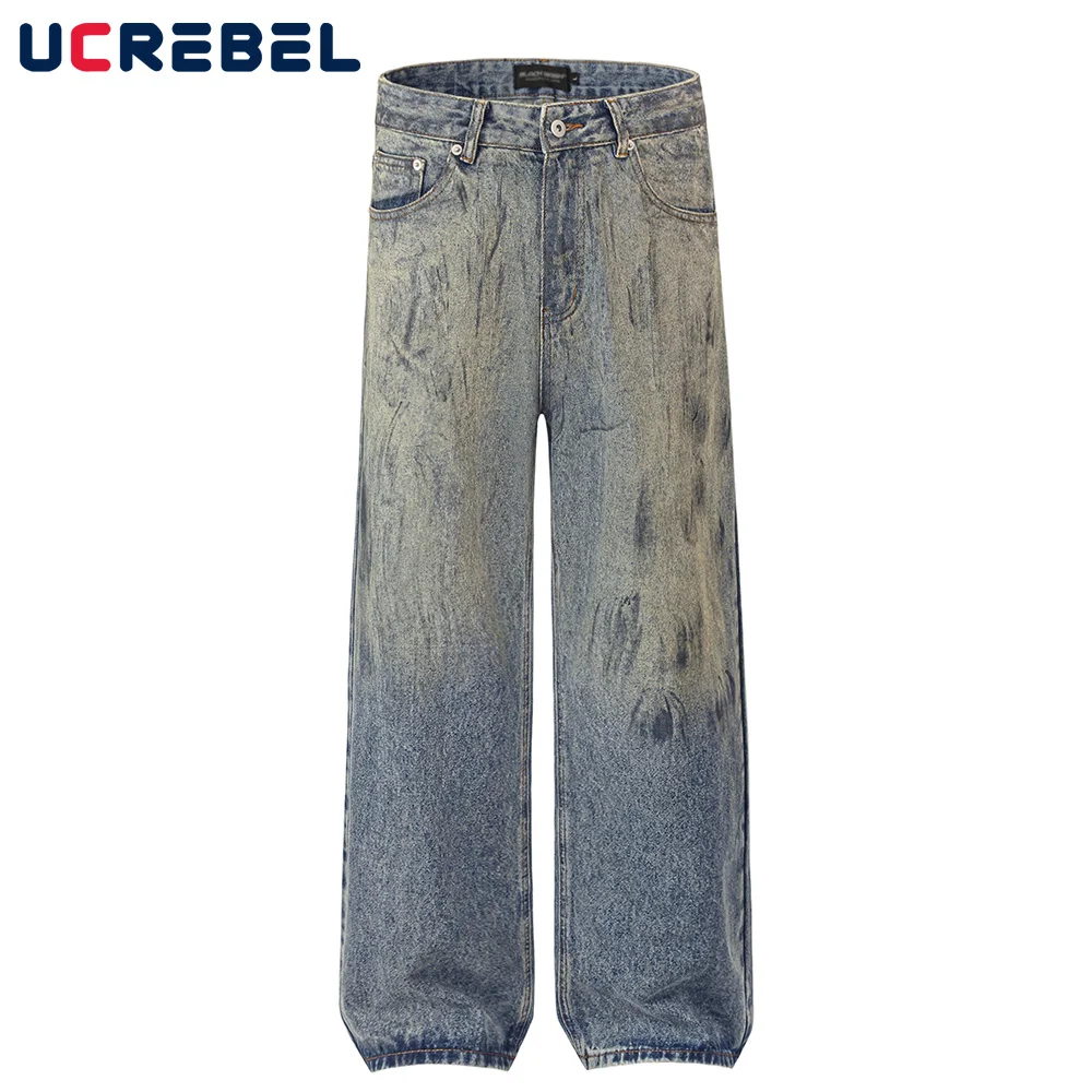 

Gradient Dyed Washed Distressed Jeans Mens High Street Loose Straight Pocket Wide Leg Denim Pants Men Trousers