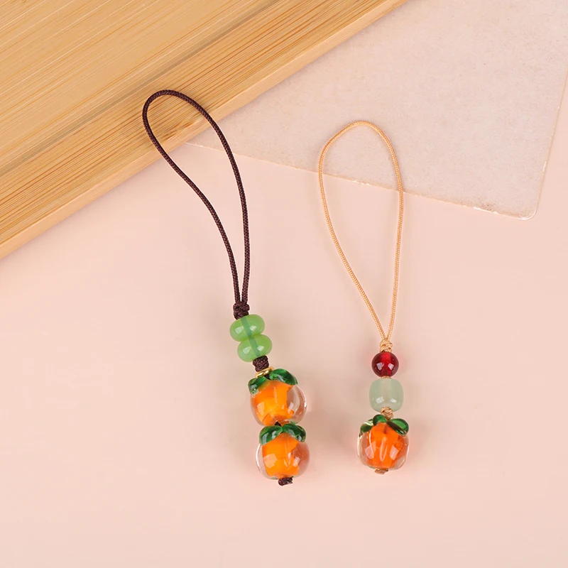 Smoothly Glass Persimmon Mobile Phone Chain Hanging Rope Retro Chinese Style Leaves Key Hanging Pendant Jewelry