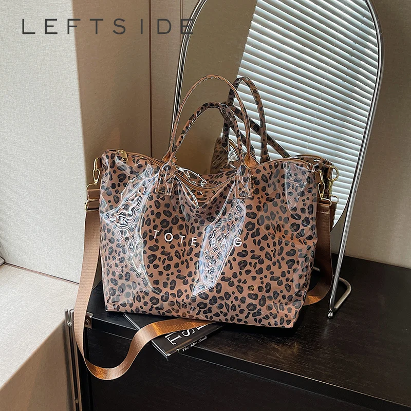 

Women Leopard Print PVC Tote Bag Large Capacity Transparent Weekend Travel Handbag with Detachable Strap 2026 Crossbody Bags