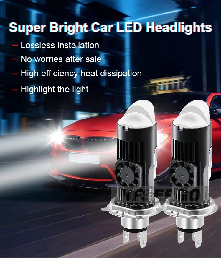 Auto Lamp Mini Lens LED H4 9003 HB2 Bulbs Headlight Car Motorcycle Dual Projector Lens H4 Automotive Turbo Fan Canbus 6000K LHD