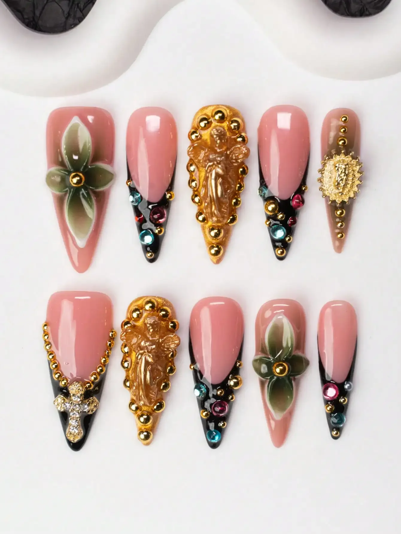 

10pcs/Set Handmade Almond-Shaped Y2K Baddie Style Press-On Nails, Nude, Black, Green, Gold Shiny Nail Plates With French Tips