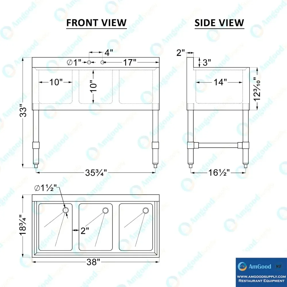 Pia de barra de aço inoxidável, |   NSF (Tamanho da pia: 38"x19", três tigelas + torneira), pias de cozinha