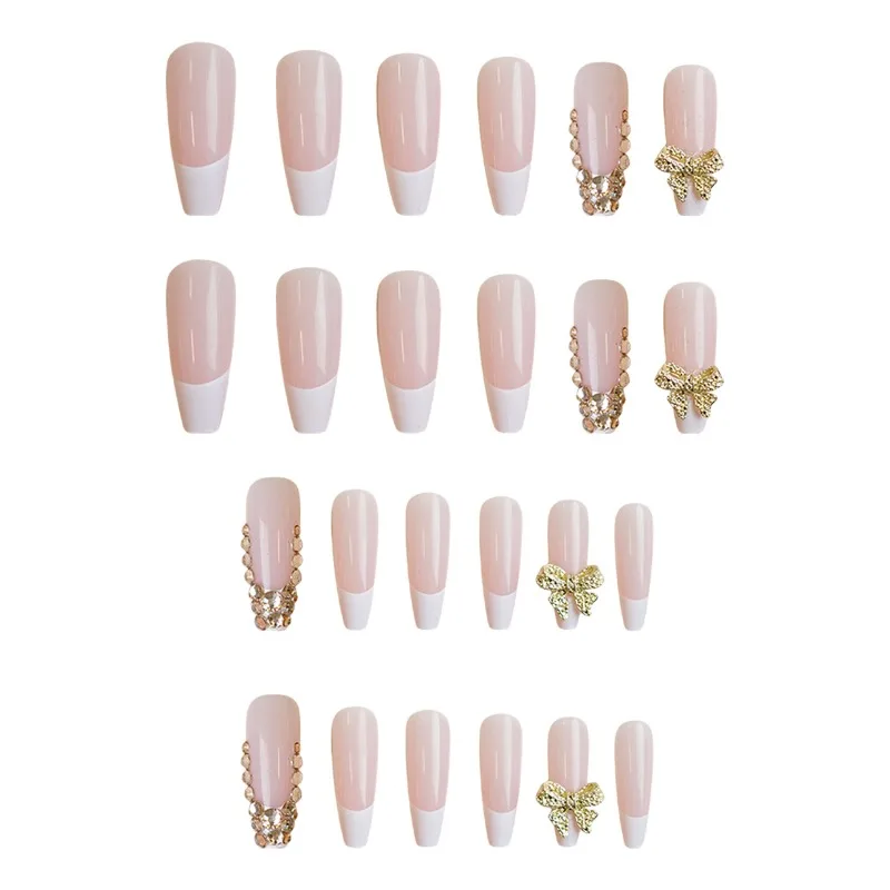 24-delige groothandel opdruknagel witte Franse tips met gouden vlinderontwerp en fonkelende steentjes - perfect cadeau voor vrouwen
