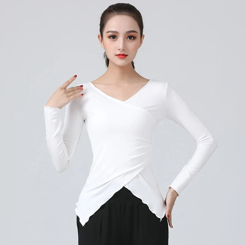 Women Latin Dance Costume Female Ballroom Dance Tops Irregular Hem Wavy Edge Long-sleeved Stage Performance Practice T-shirt