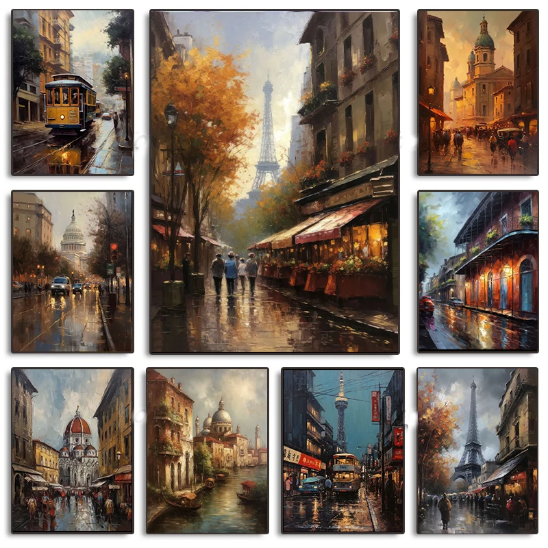 Paris Berlin Rio De Janeiro Cityscapes in Oil Poster Retro Cityscapes Aesthetic Canvas Painting Wall Art Picture for Room Decor