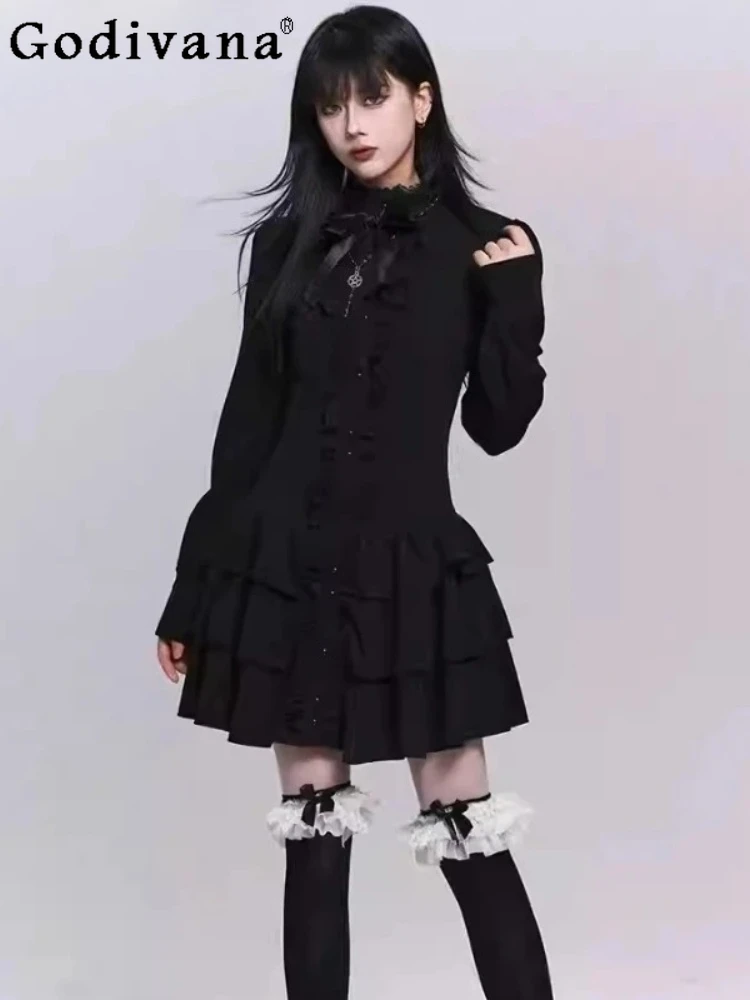 

Punk Girly Temperament Stand-up Collar Sweet Bow Black Long Sleeve Dress Fashion High Waist A-line Versatile Street Dark Dresses