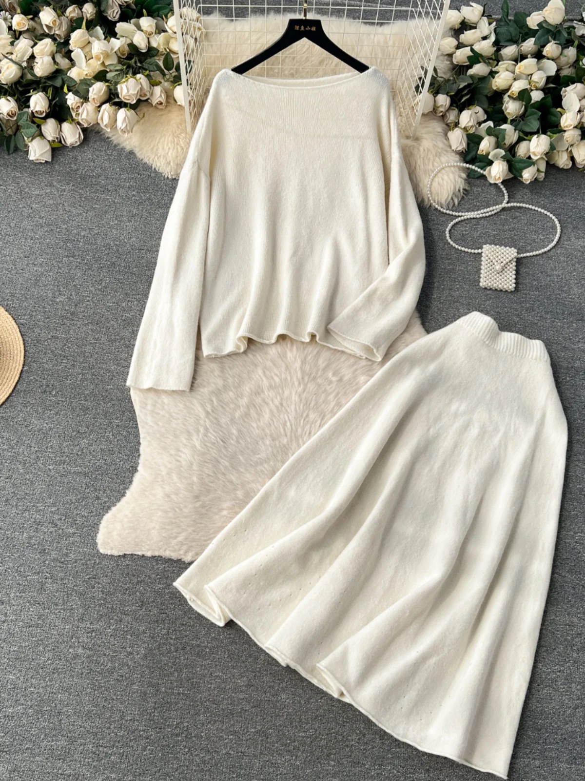 

Autumn Winter Women's Temperament Two Piece Set White Purple Long Sleeved Knitted Pullover Tops And High Waist Midi Skirt Suits