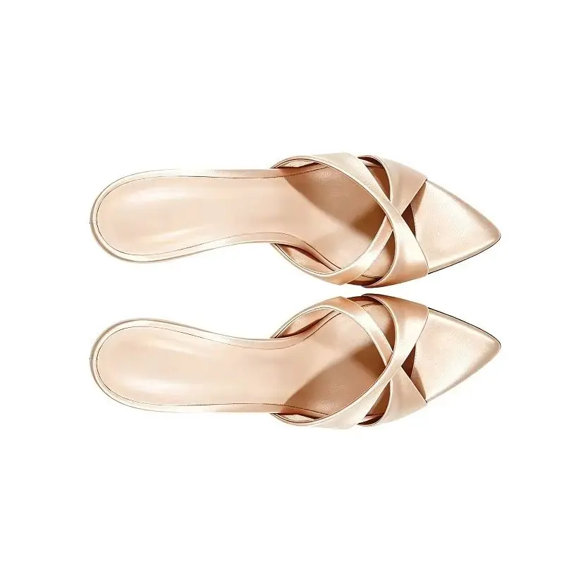 New pointed satin high-heeled shoes for women with ultra-fine heels, niche temperament, wearing half slippers for outerwear