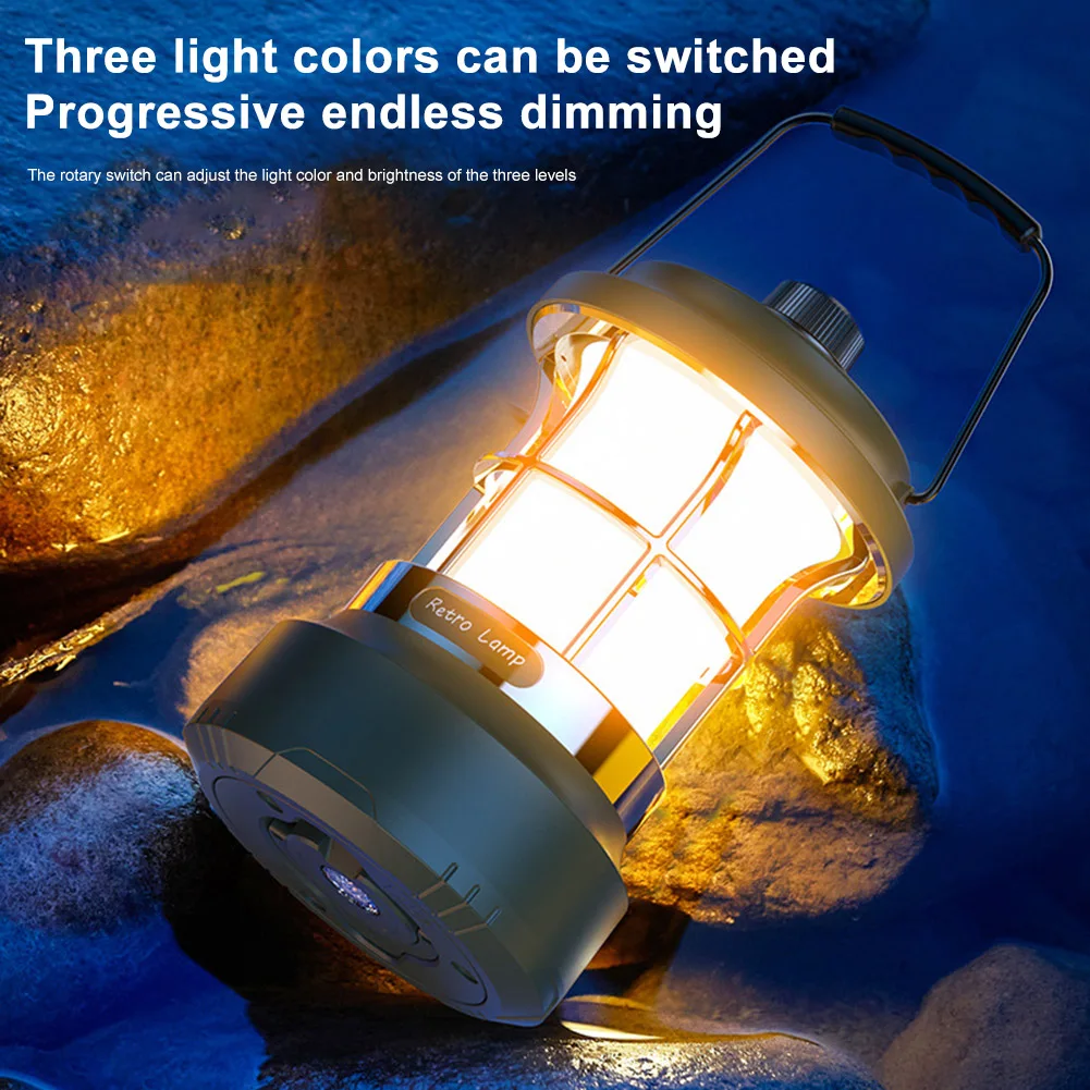 Camping Light Retro Tabletop Light 3 Light Colors Emergency Light IP44 Waterproof Camping Lantern Rechargeable for Night Fishing