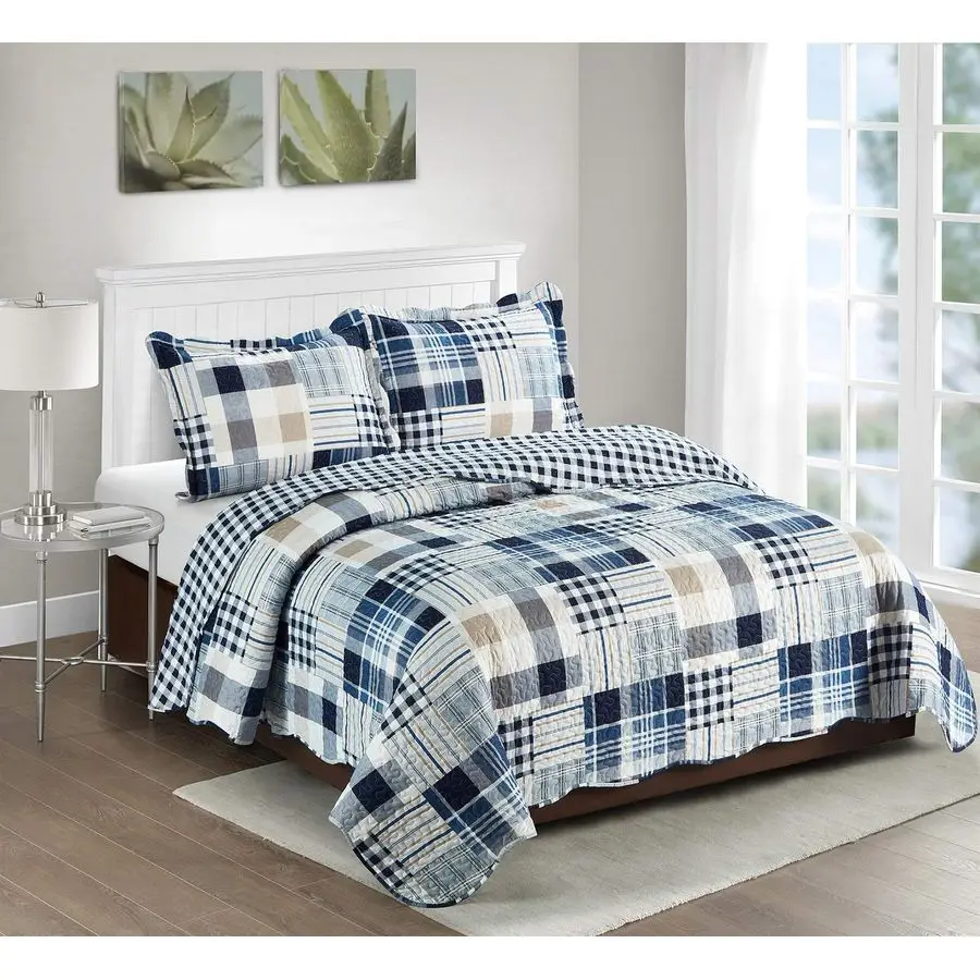 

Blue Plaids and Stripes Patchwork, 3Piece Quilt Set with 2 Shams, Reversible Bedspread, Soft Lightweight Coverlet, AllSeason, Fu