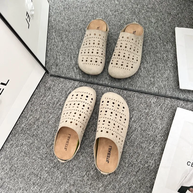 2025 New Arrival Concise Suede Round-Toe Comfortable Woman Slippers Hollow Slides Loafers Female Beach Shoes