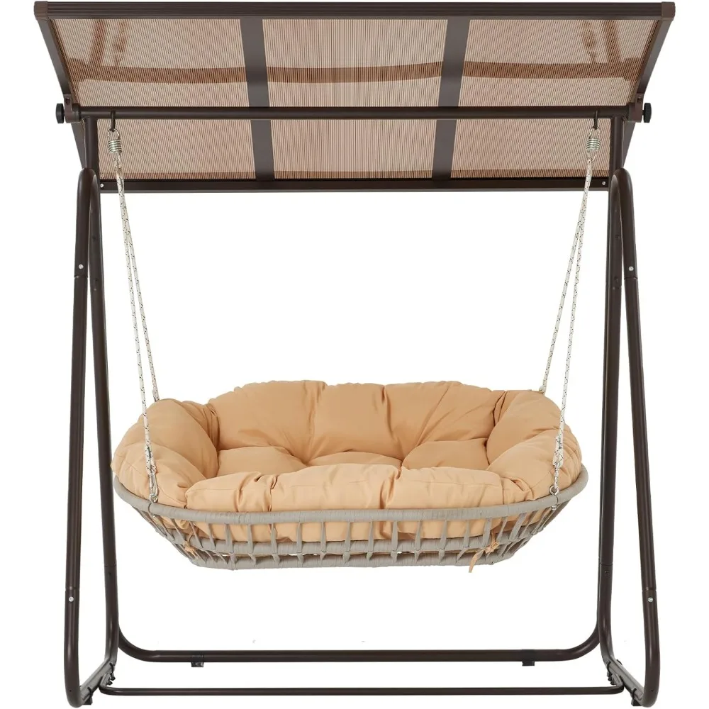 أرجوحة الشرفة الخارجية لشخصين مع مظلة صلبة قابلة للتعديل، وسائد سميكة 5.9 بوصة، كرسي أرجوحة من الخيزران المقاوم للطقس مع