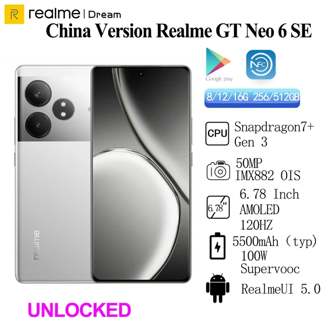 Realme-gtネオ6スマートフォン,ロック解除されたリージョン,simcard,snapdragon 7,gen 3,  100w,supervooc,5500mah,6.78インチ,amoled,120hz,50mp,オリジナル - AliExpress