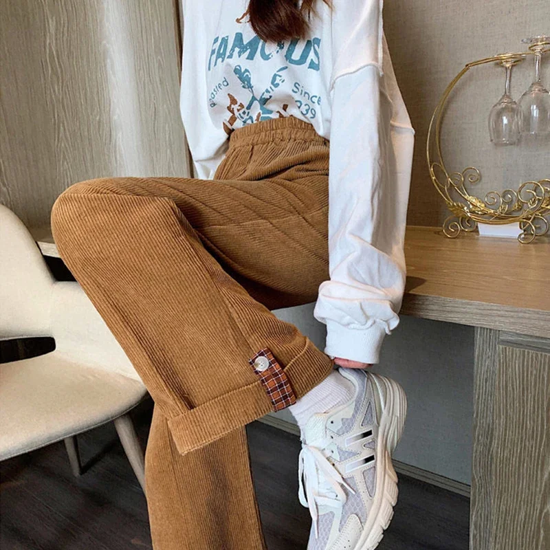 

Wide Leg Pants Women Baggy Corduroy Preppy Plaid Cuffs High Waist Leisure Trousers Female Fall Winter Thick ThickeningStudents