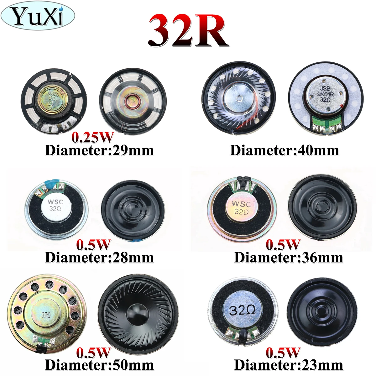 YuXi-Alto-falante Ultra-Fino, 32 ohms, 0,5 Watt, 0.25W, 32R, Diâmetro 23mm, 28mm, 29mm, 36mm, 40mm, 50mm, espessura 8,5 milímetros, 4,7 milímetros,