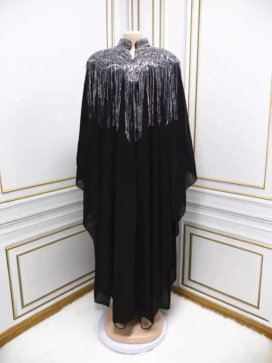 Sequin Abayas for Women Dubai 2024 Fashion Muslim Tassel Black Plus Size Long Maxi Dress Inner Clothes for Muslim Women Gowns