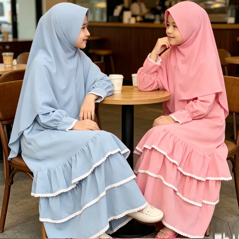 Conjunto Muçulmano para Meninas com 2 Peças, Vestido de Oração Hijab, Roupa Islâmica Infantil Dubai, Khimar, Jalabiya, Lenço, Robe, Eid, Djellaba, Kaf