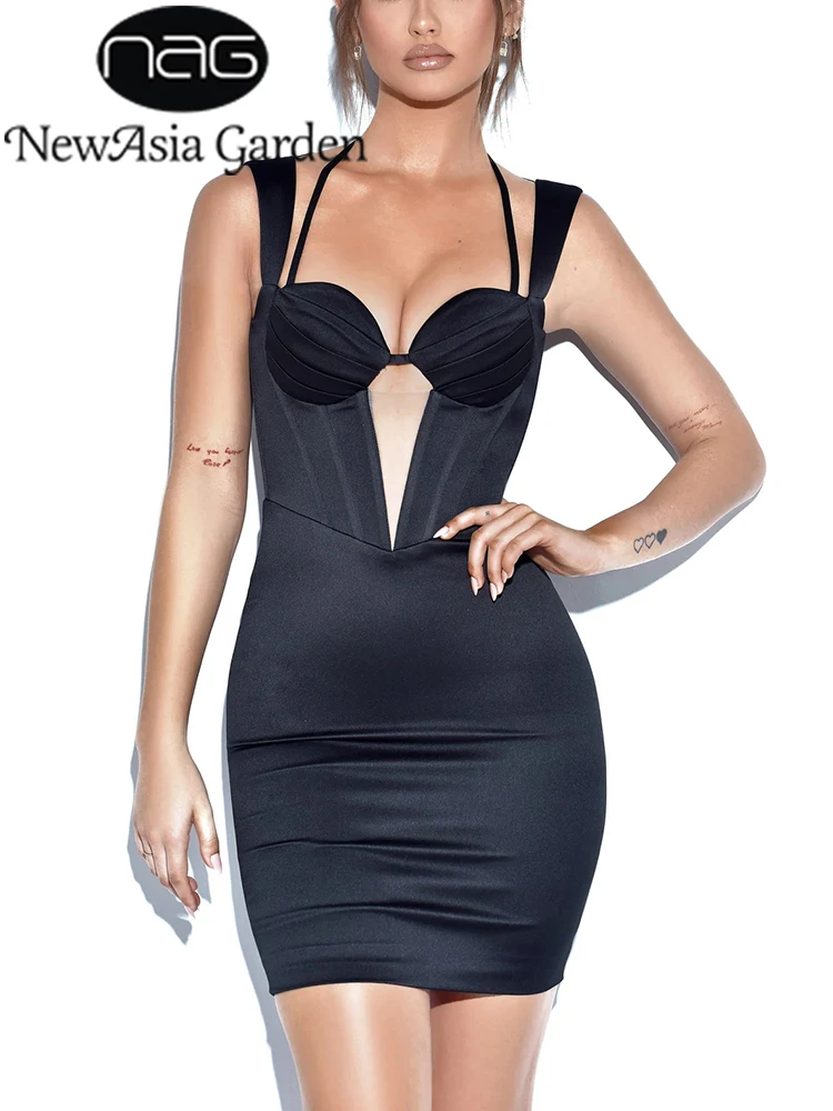 

NewAsia Satin Lace up Dress Cut out Ruched Boned Lining Elastic Bodycon Mini Camisole Vestidos Summer Fashion Black Sexy Dresses