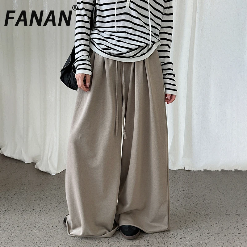 

FANAN Casual Drawstring High Waist Pants For Women Straight Wide Leg Trousers Office Lady Loose Clothes Female 2025 Autumn New