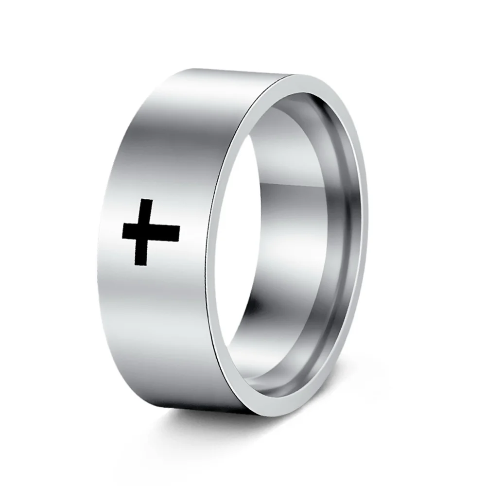 Christlicher Kreuzring für Männer, breiter schwarzer Schmuckring, religiöser Ring in Gold- oder Silberfarbe, polierter Symbol-Statement-Ring – Detail 5