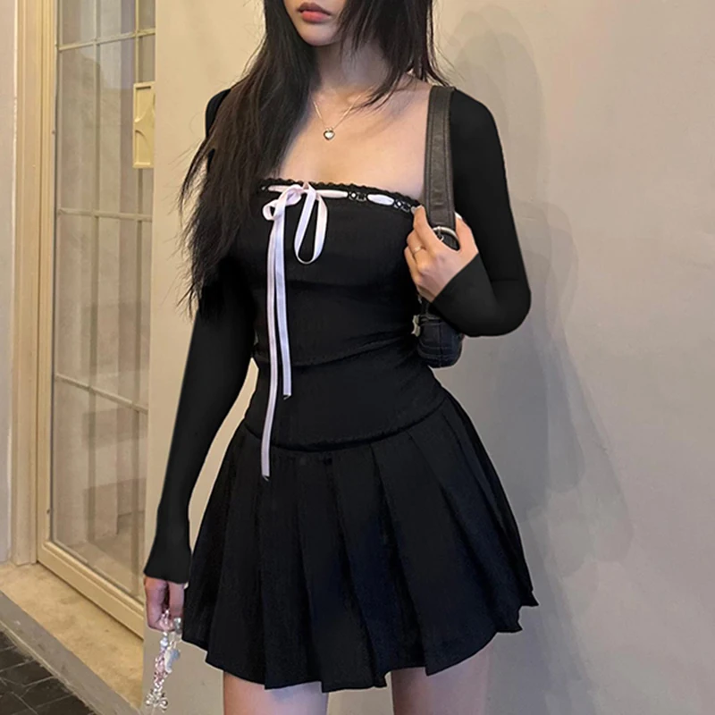 Fashion Women Balletcore Aesthetic Bodycon Long Sleeve Mini Dress Rockmore Black Lace Up Square Collar Dresses Korean Style