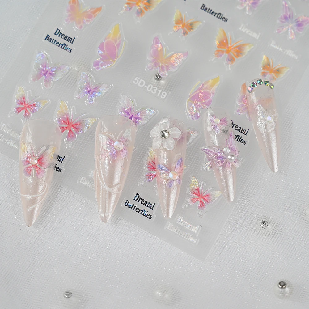 1Pcs 5D Shell Aurora Schmetterling Nail art Aufkleber Elegante Geprägte Selbstklebende Aufkleber Für Frühling Maniküre Dekorationen Liefert