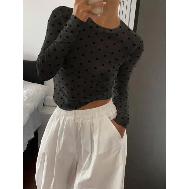 Faionable Slim Fit round Ne Long Sve Polka Dot irt Новое поступление Cross Border Q 786 Жилет из искусственной кожи Thiened для Mi...