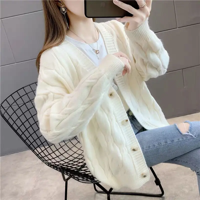 Spring Clothes Thickened Fried Dough Twist Knitting Cardigan Women\'s Sweater Loose Wear New Autumn and Winter Coat Top