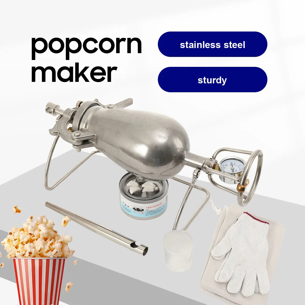 1000 ml Hand-Popcornmaschine, offene Brennmaschine, Popcorn-Puffmaschine, Edelstahl, manuelle Popcornmaschine, offene Brennmaschine