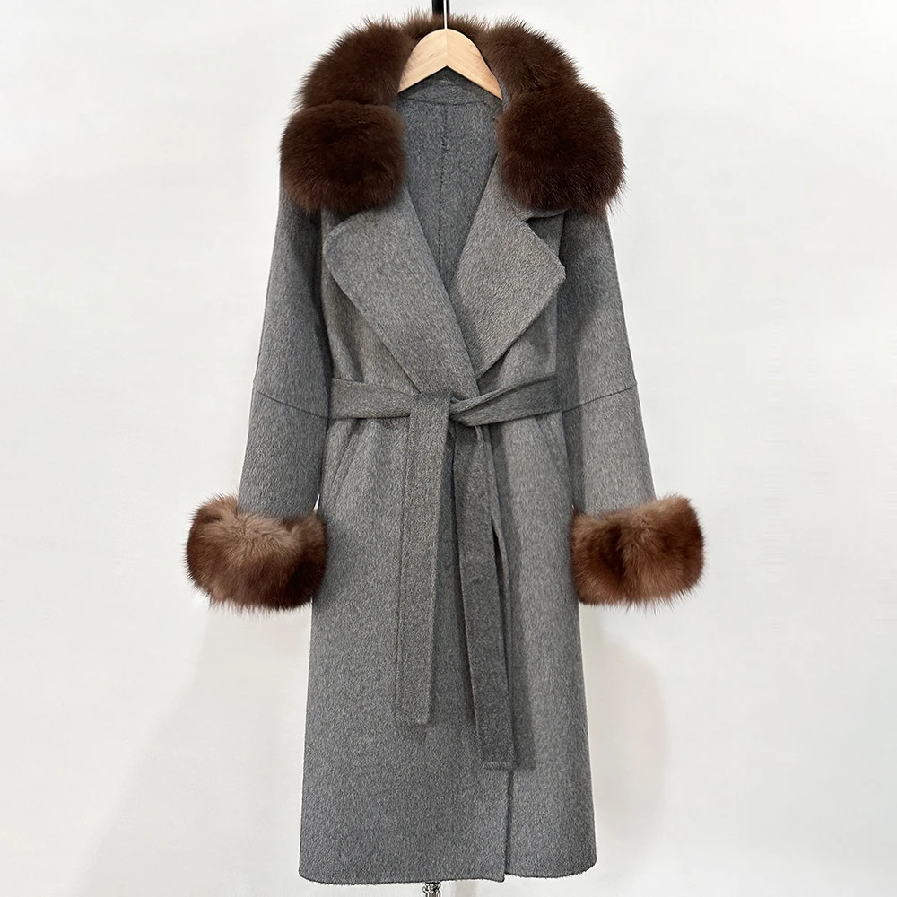 OFTBUY Langer, warmer, eleganter Wintermantel mit Gürtel, neue Damen-Doppelmantel aus Wolle mit echtem Fuchsfellkragen und -manschetten – Detail 17