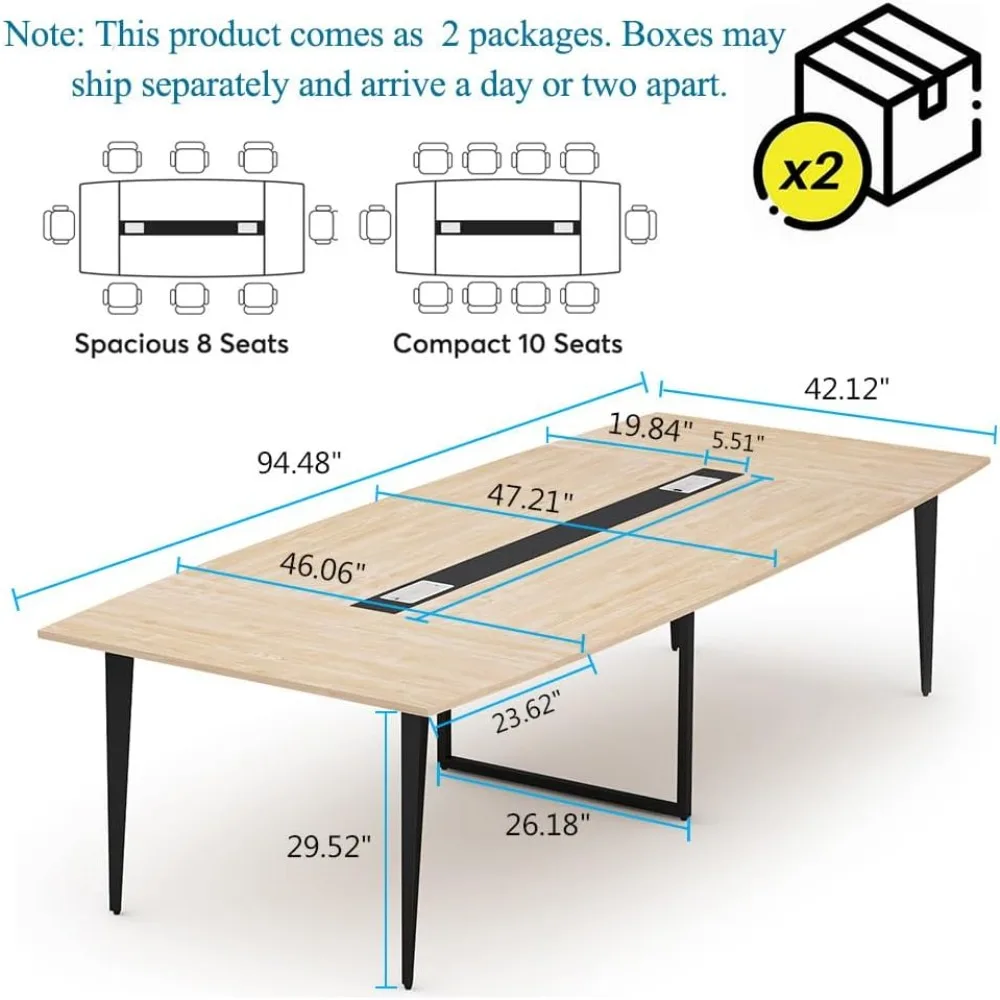 طاولة مؤتمرات 8 أقدام، 94.48 لتر × 47.24 وات × 29.52 ساعة بوصة على شكل قارب كبير مع حلقات كابلات، كونفي حديث #2