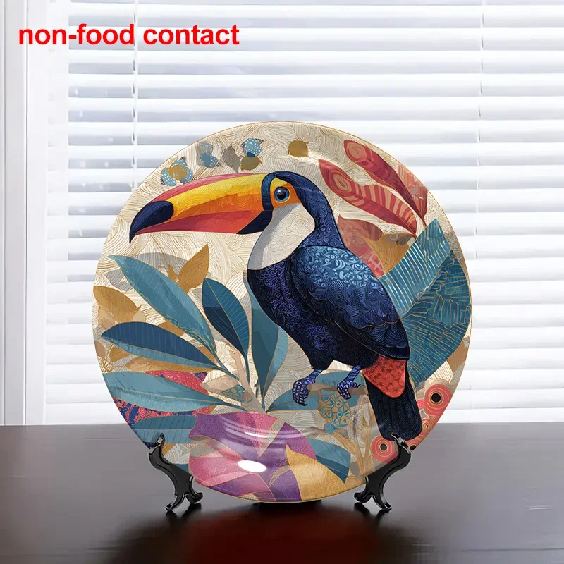 1pc 8-Inch Round Ceramic Hanging Wall Art Plate, Toucan Bird and Tropical Leaves Pattern, Vintage Decorative Plate for Home