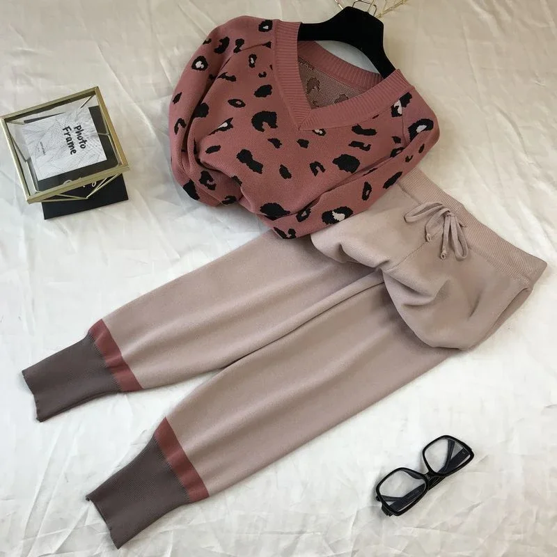 Leopard Print Knitted 2 Piece Sets For Women Casual Loose V-neck Sweater Pullovers Outfits And Contrast Color Harem Pants Suit