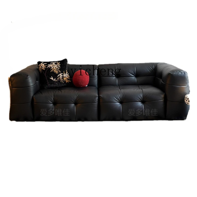 Zk  Minimalist Black Genuine Leather Cotton Candy Sofa Living Room First Layer Straight Row Sofa