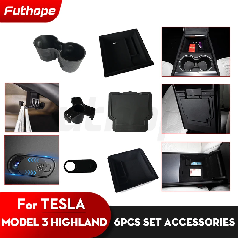 Futhope Update Flocked 6PCS Armrest Hidden Storage Box Center Console Cup Holder Rear Trunk Hook for Tesla Highland 2023-2024