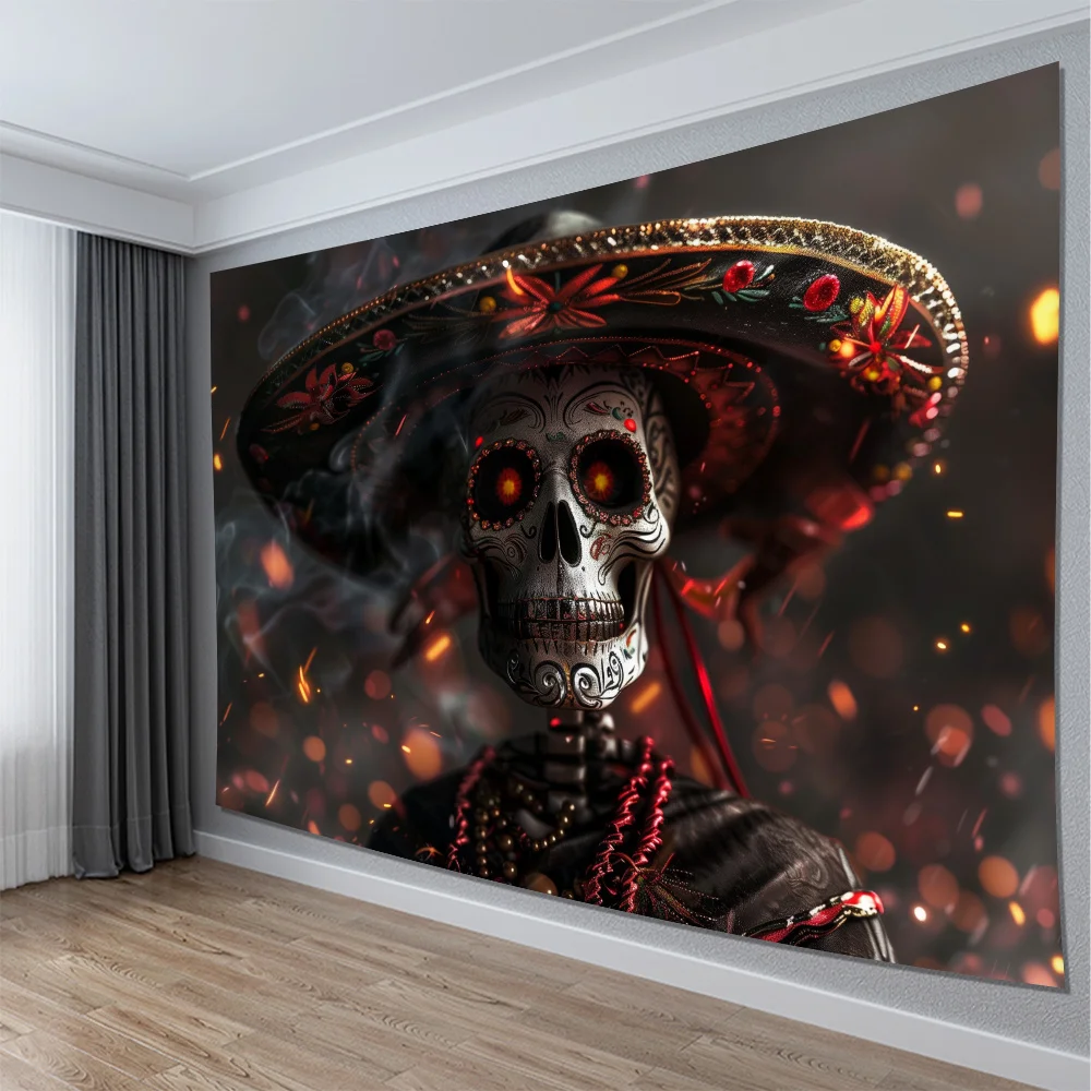 Bohemian Skeleton Sombrero Curtain Panel Art Dangling Tapestry Printed Wall Decor Mexican Gothic Style Living Room Background De