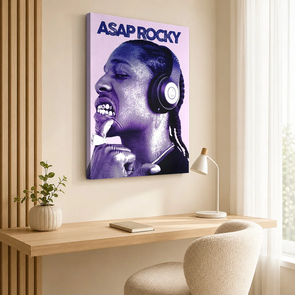 Rapper Listening Through Headphones Framed Canvas Print Personalized Photo Purple Duotone Illustration Wall Art For Urban Loft