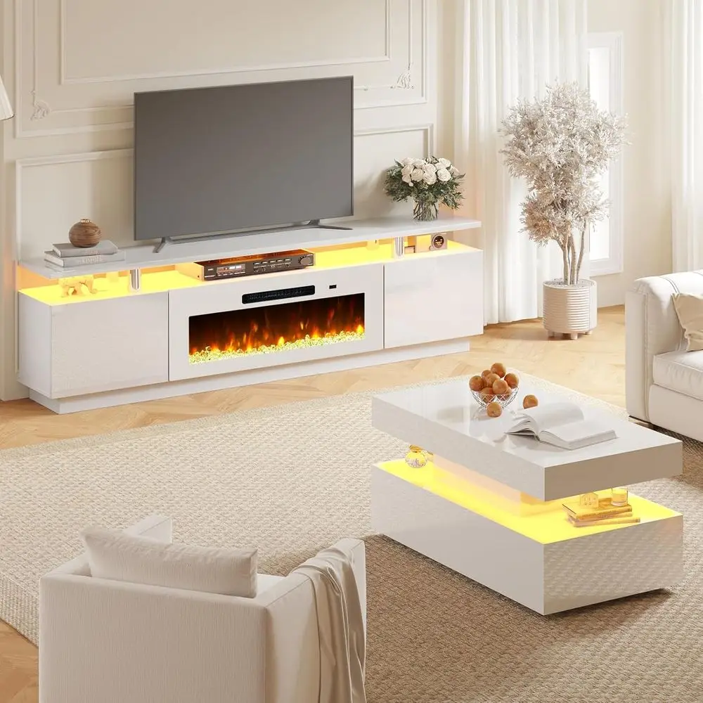 

Modern 3-Piece White Living Room Furniture Set: 80 Gloss TV Stand, 2-Tier Coffee Table with LED Lights