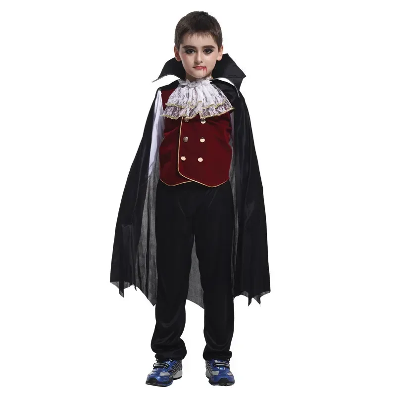 Mädchen Cosplay Kostüm Kleid Kinder Gothic Vampir Rollenspiel Outfit Schwarzes Rotes Satinkleid für Halloween Verkleidungsparty – Detail 11