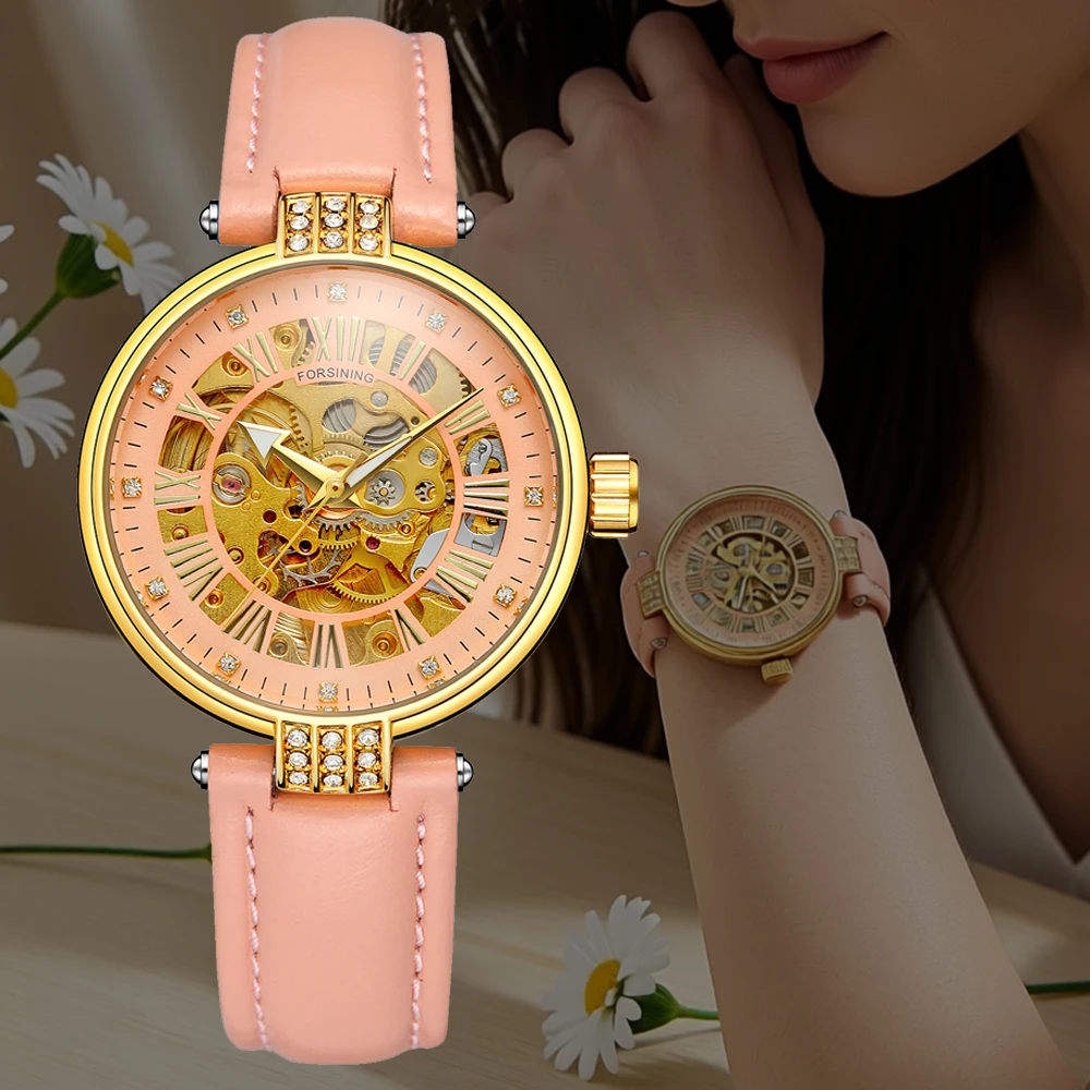 FORSINING Women Dress Watch Automatic Mechanical Skeleton Diamond Dial for Ladies, Leather Strap or Steel Bracelet